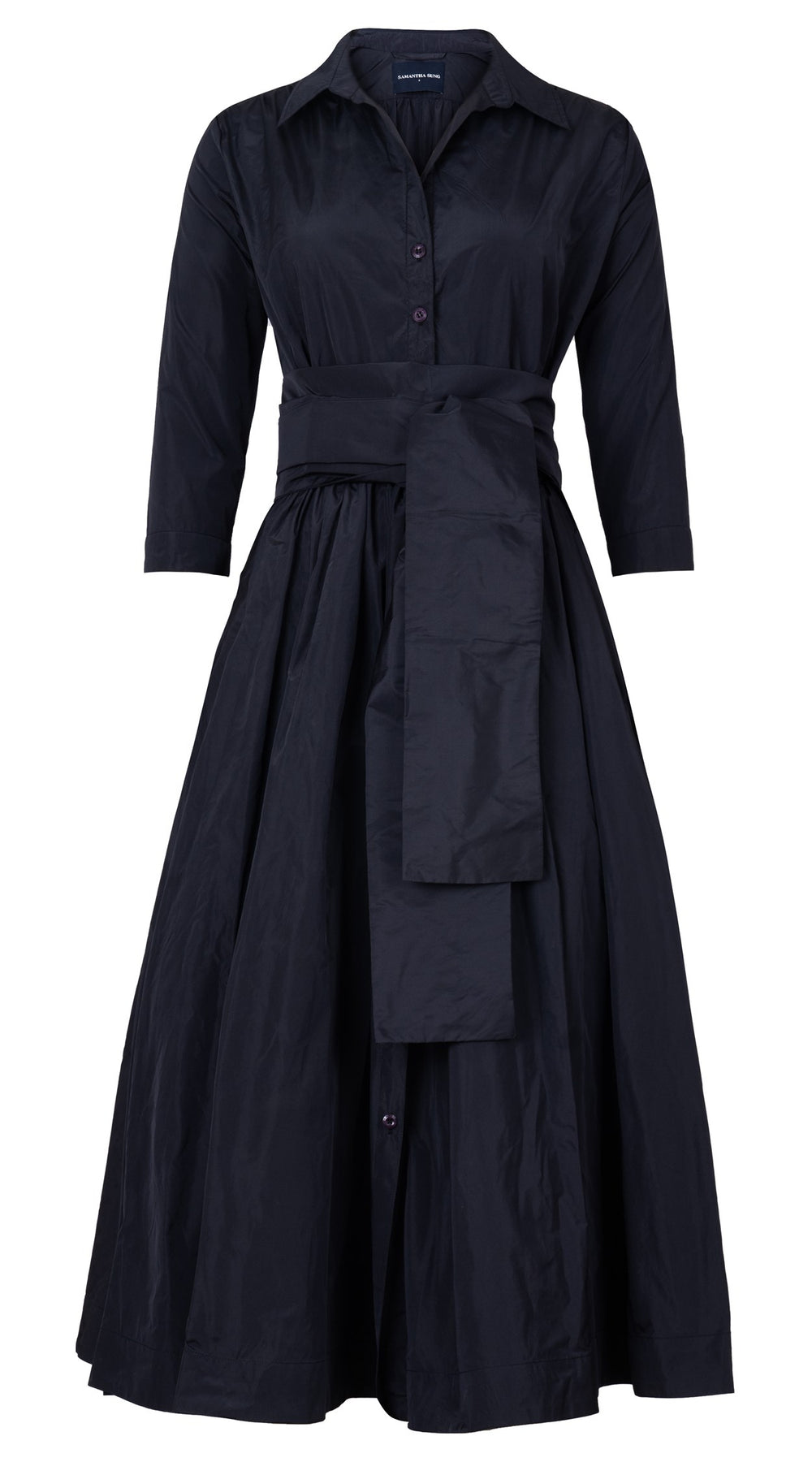 Terry Dress Shirt Collar 3/4 Sleeve Midi Plus Length Silk Taffta (Solid) (Solid)