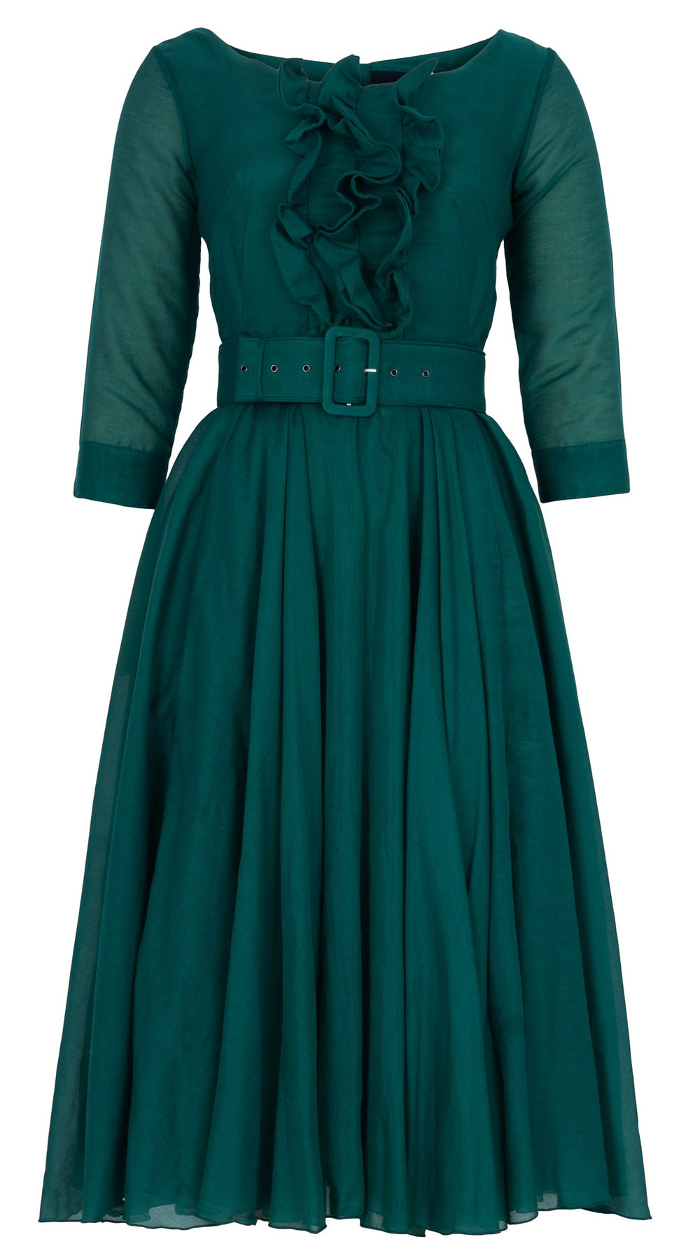 Aster Dress Round Neck Ruffle Bias 3/4 Sleeve Midi Length Silk Musola (Solid)