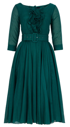 Aster Dress Round Neck Ruffle Bias 3/4 Sleeve Midi Length Silk Musola (Solid)