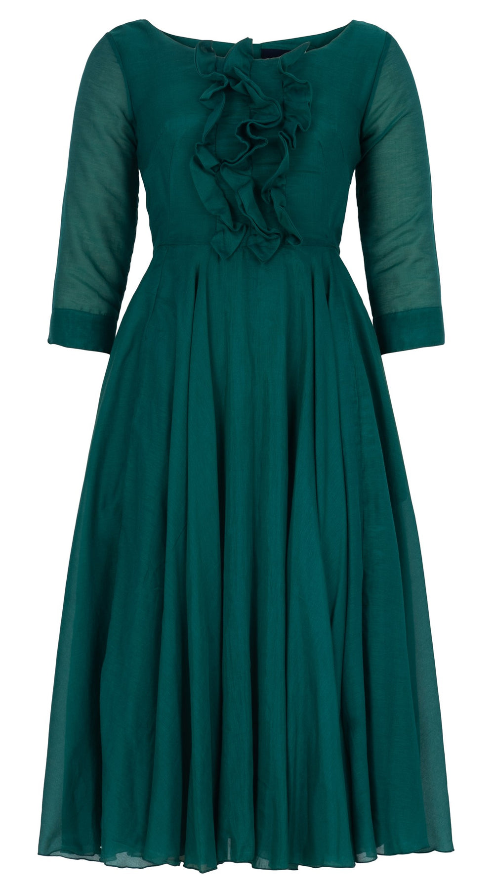 Aster Dress Round Neck Ruffle Bias 3/4 Sleeve Midi Length Silk Musola (Solid)