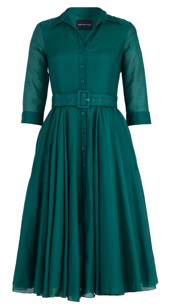 Aster Dress Shirt Collar 3/4 Sleeve Midi Length Silk Musola (Solid)