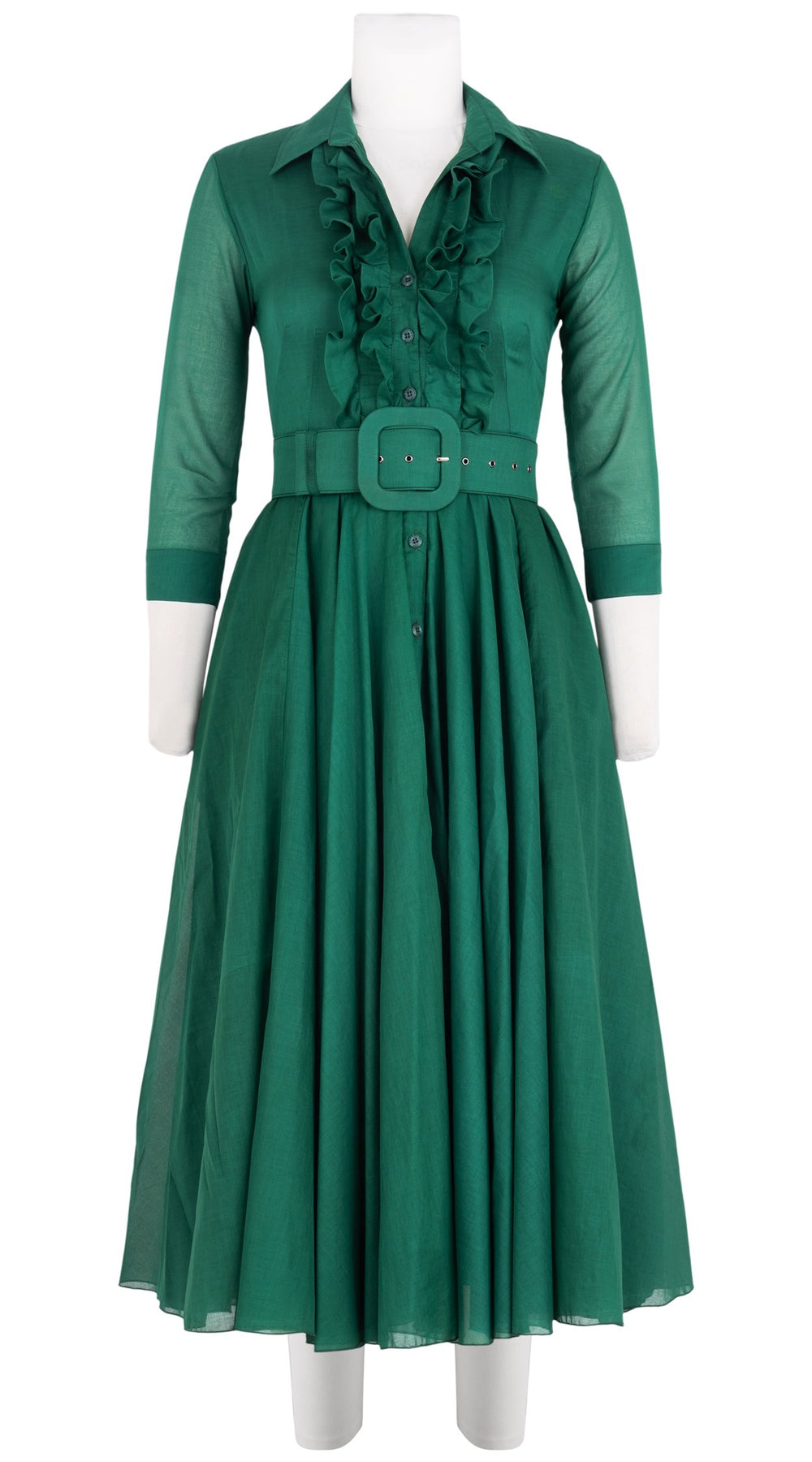 Aster Dress Shirt Collar Ruffle Bias 3/4 Sleeve Midi Length Silk Musola (Solid)