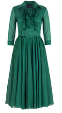 Aster Dress Shirt Collar Ruffle Bias 3/4 Sleeve Midi Length Silk Musola (Solid)