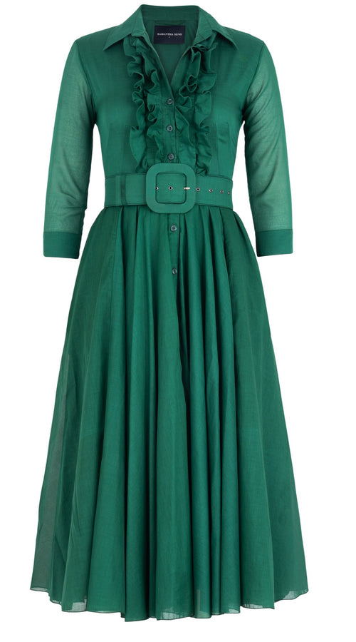 Aster Dress Shirt Collar Ruffle Bias 3/4 Sleeve Midi Length Silk Musola (Solid)