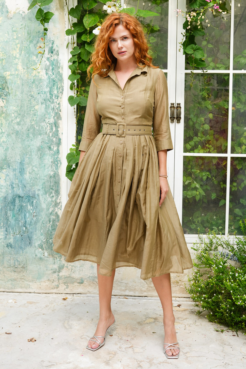 Aster Dress Shirt Collar 3/4 Sleeve Midi Length Silk Musola (Solid)