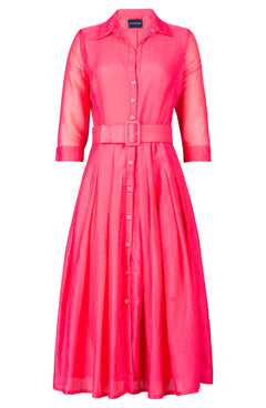 Aster Dress Shirt Collar 3/4 Sleeve Midi Length Silk Musola (Solid) - Lipstic