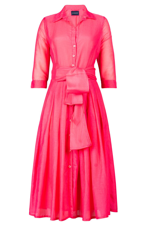 Aster Dress Shirt Collar 3/4 Sleeve Midi Length Silk Musola (Solid) - Lipstic