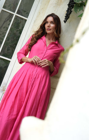 Audrey Dress #4 Shirt Collar 3/4 Sleeve Midi Length Cotton Silk Musola (Solid) @XS-S-S