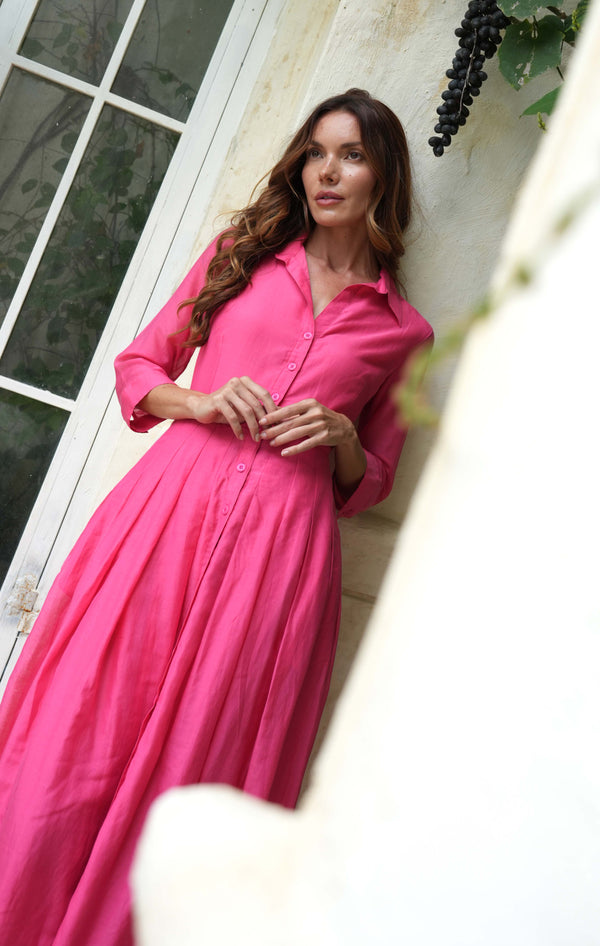Audrey Dress #4 Shirt Collar 3/4 Sleeve Midi Length Cotton Silk Musola (Solid) @XS-S-S