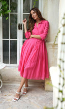 Audrey Dress #4 Shirt Collar 3/4 Sleeve Midi Length Cotton Silk Musola (Solid) @XS-S-S