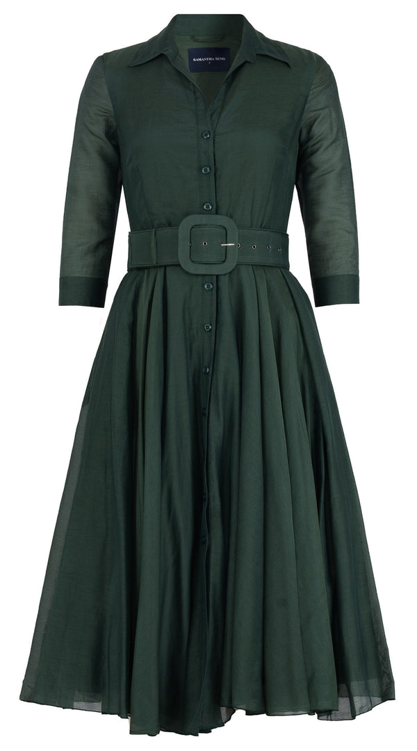 Aster Dress Shirt Collar 3/4 Sleeve Midi Length Silk Musola (Solid)