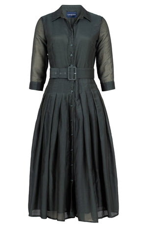 Audrey Dress #4 Shirt Collar 3/4 Sleeve Midi Length Silk Musola (Solid)