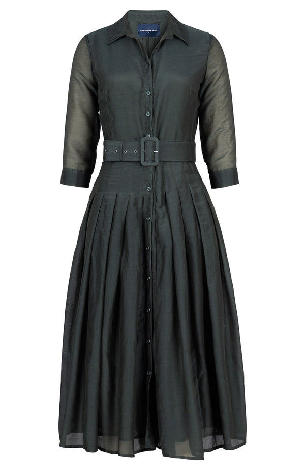 Audrey Dress #4 Shirt Collar 3/4 Sleeve Midi Length Silk Musola (Solid)