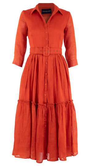 Melanie Dress #1 Shirt Collar 3/4 Sleeve Midi Plus Length Linen (Solid)