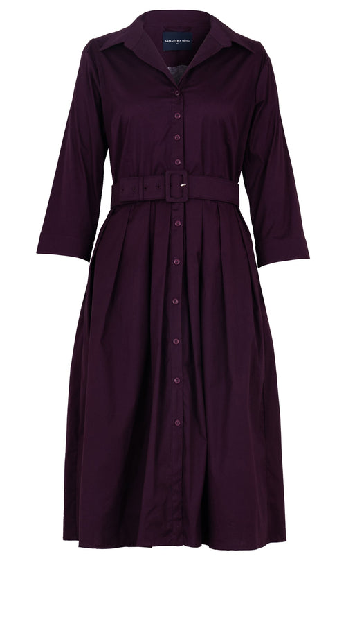 Audrey Dress #1 Shirt Collar 3/4 Sleeve Long Length Cotton Stretch_Solid_Plum