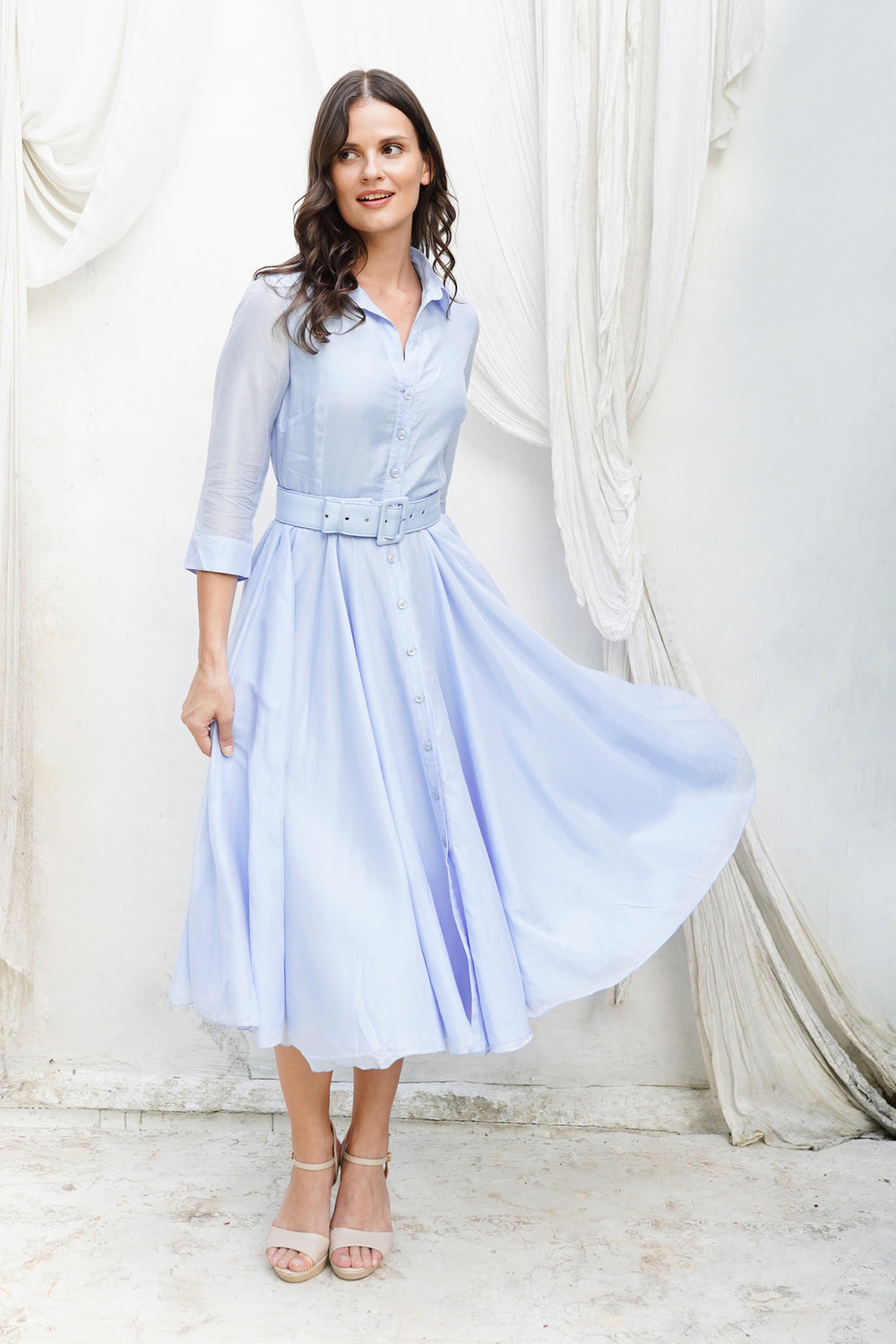 Audrey Dress #2 Shirt Collar 3/4 Sleeve Long Length Cotton Stretch (Solid)