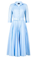 Aster Dress Shirt Collar 3/4 Sleeve Midi Length Silk Musola (Solid) - Soft Blue