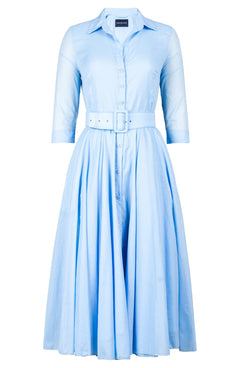 Aster Dress Shirt Collar 3/4 Sleeve Midi Length Silk Musola (Solid) - Soft Blue