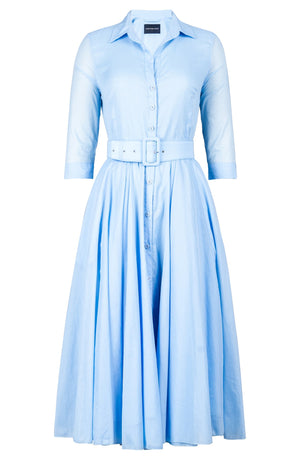 Aster Dress Shirt Collar 3/4 Sleeve Midi Length Silk Musola (Solid) - Soft Blue
