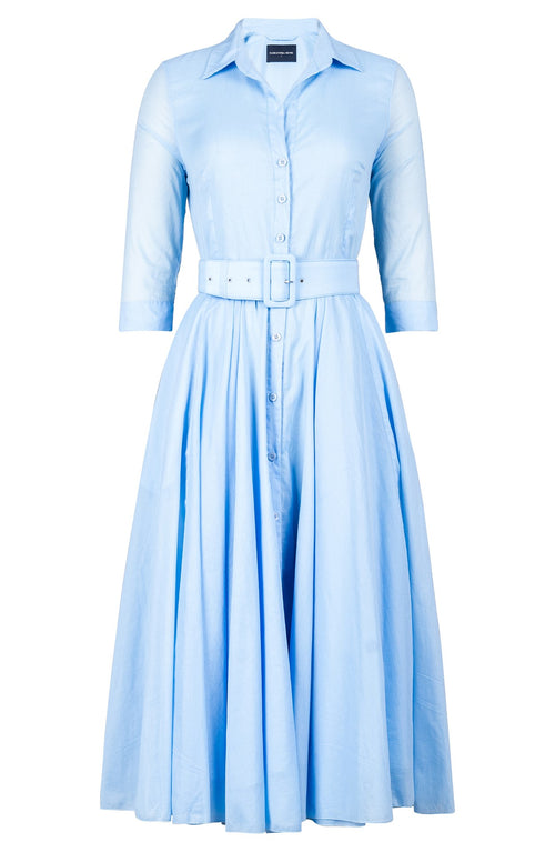 Aster Dress Shirt Collar 3/4 Sleeve Midi Length Silk Musola (Solid) - Soft Blue