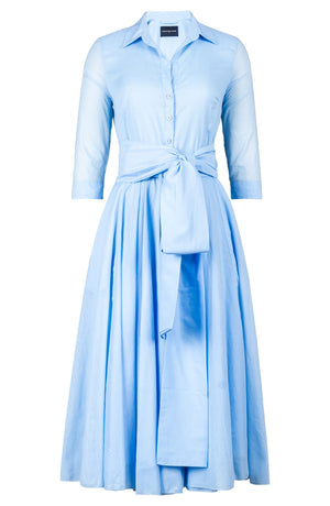 Aster Dress Shirt Collar 3/4 Sleeve Midi Length Silk Musola (Solid) - Soft Blue