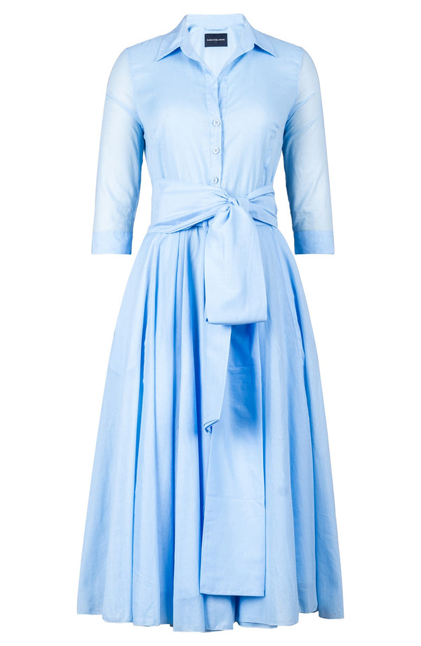 Aster Dress Shirt Collar 3/4 Sleeve Midi Length Silk Musola (Solid) - Soft Blue