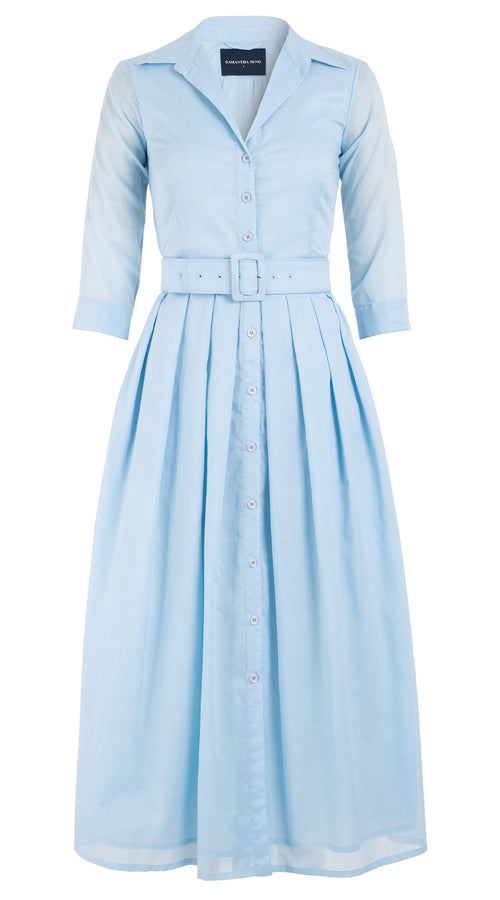 Audrey Dress #1 Shirt Collar 3/4 Sleeve Midi Plus Length Cotton Musola_Solid_Soft Blue