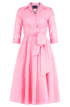 Olivia Dress Shirt Collar 3/4 Sleeve Midi Length Cotton Musola (Solid) - Soft Pink