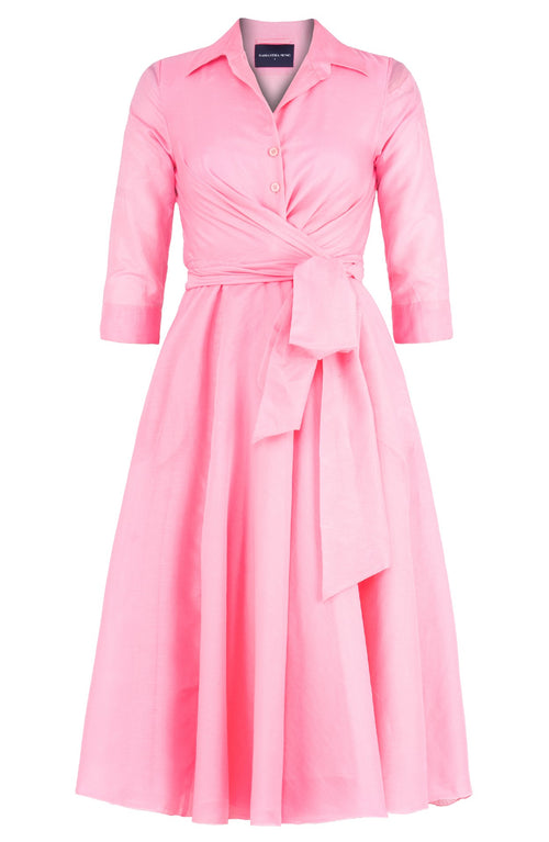 Olivia Dress Shirt Collar 3/4 Sleeve Midi Length Cotton Musola (Solid) - Soft Pink