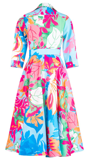 Amber Dress Shirt Collar 3/4 Sleeve Midi Length Silk Taffta (Spanish Garden)