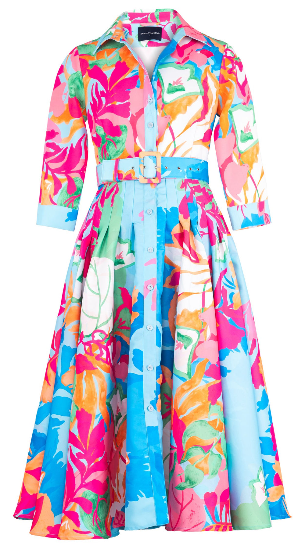 Amber Dress Shirt Collar 3/4 Sleeve Midi Length Silk Taffta (Spanish Garden)