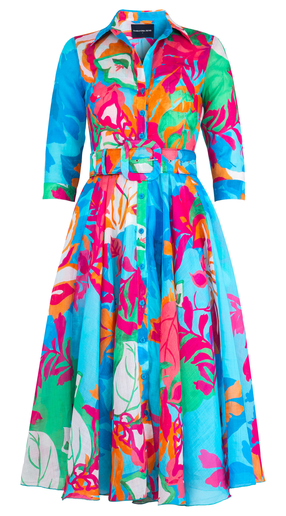 Aster Dress Shirt Collar 3/4 Sleeve Midi Length Ramie (Spanish Garden)