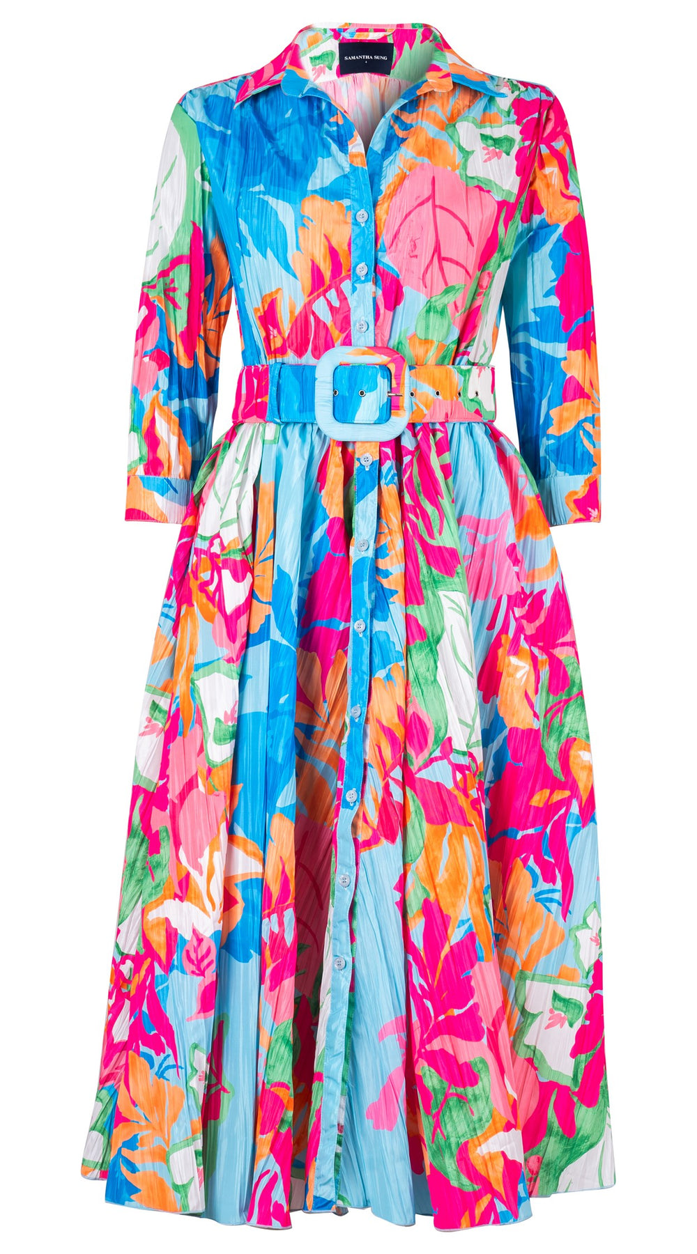 Terry Dress Shirt Collar 3/4 Sleeve Midi Plus Length Silk Taffta (Spanish Garden)