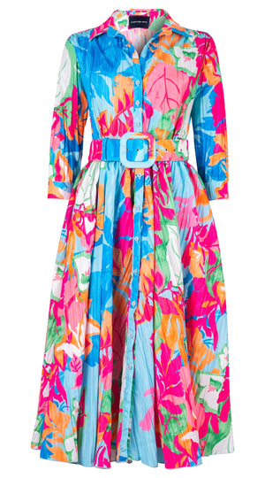 Terry Dress Shirt Collar 3/4 Sleeve Midi Plus Length Silk Taffta (Spanish Garden)