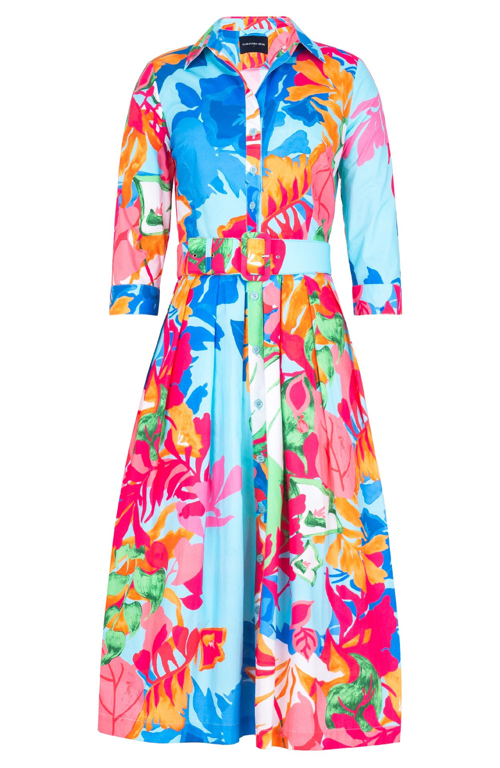 Audrey Dress #1 Shirt Collar 3/4 Sleeve Midi Length Cotton Stretch (Spanish Garden)