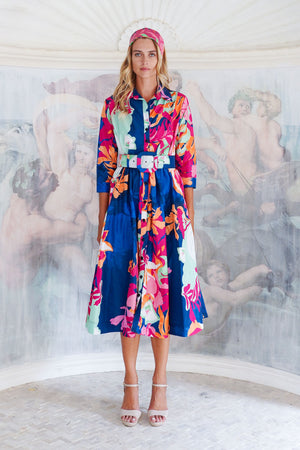 Terry Dress Shirt Collar 3/4 Sleeve Midi Length Poliamide Taffta (Spanish Garden)