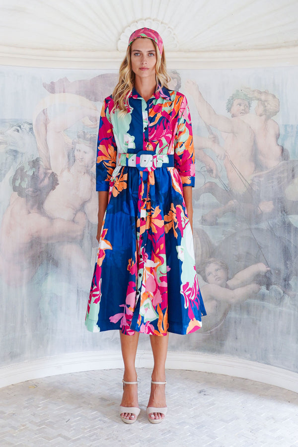 Terry Dress Shirt Collar 3/4 Sleeve Midi Length Poliamide Taffta (Spanish Garden)