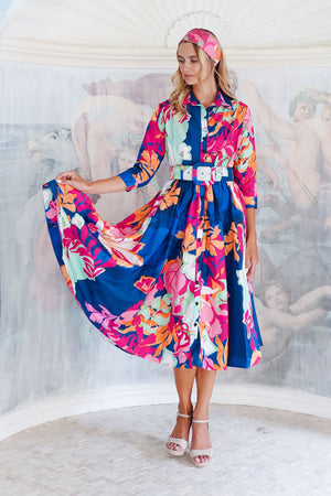 Terry Dress Shirt Collar 3/4 Sleeve Midi Length Poliamide Taffta (Spanish Garden)