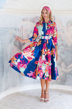 Terry Dress Shirt Collar 3/4 Sleeve Midi Length Poliamide Taffta (Spanish Garden)