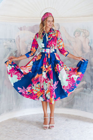 Terry Dress Shirt Collar 3/4 Sleeve Midi Length Poliamide Taffta (Spanish Garden)