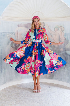 Terry Dress Shirt Collar 3/4 Sleeve Midi Length Poliamide Taffta (Spanish Garden)