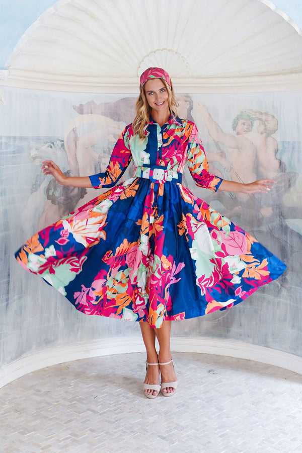 Terry Dress Shirt Collar 3/4 Sleeve Midi Length Poliamide Taffta (Spanish Garden)