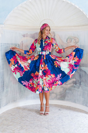 Terry Dress Shirt Collar 3/4 Sleeve Midi Length Poliamide Taffta (Spanish Garden)