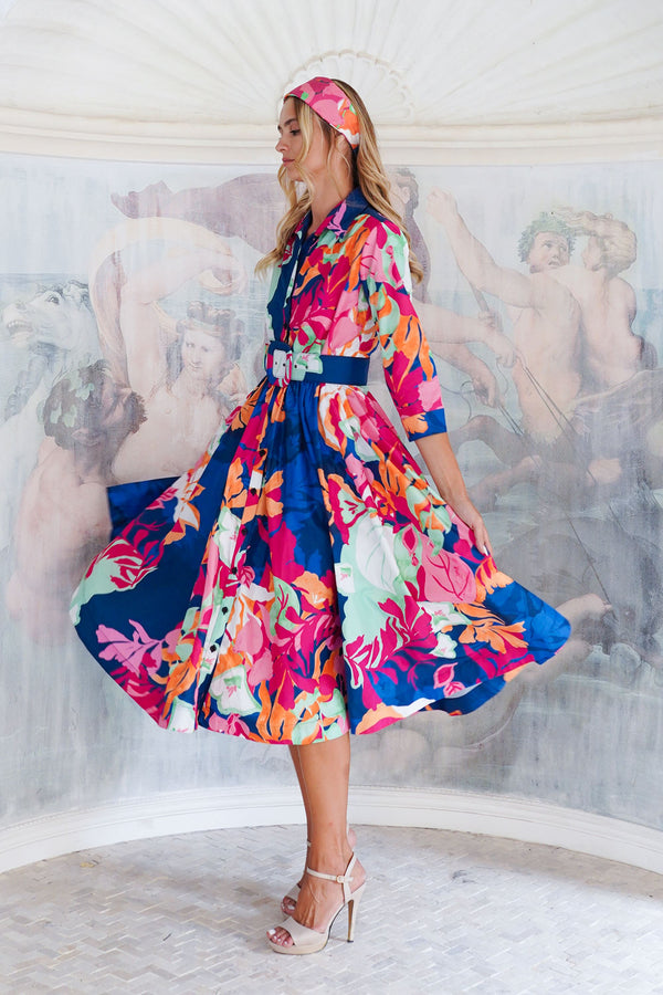 Terry Dress Shirt Collar 3/4 Sleeve Midi Length Poliamide Taffta (Spanish Garden)