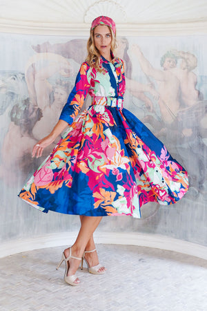 Terry Dress Shirt Collar 3/4 Sleeve Midi Length Poliamide Taffta (Spanish Garden)