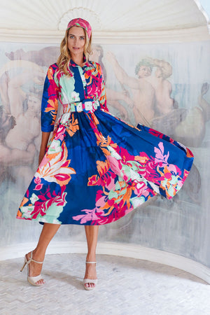 Terry Dress Shirt Collar 3/4 Sleeve Midi Length Poliamide Taffta (Spanish Garden)