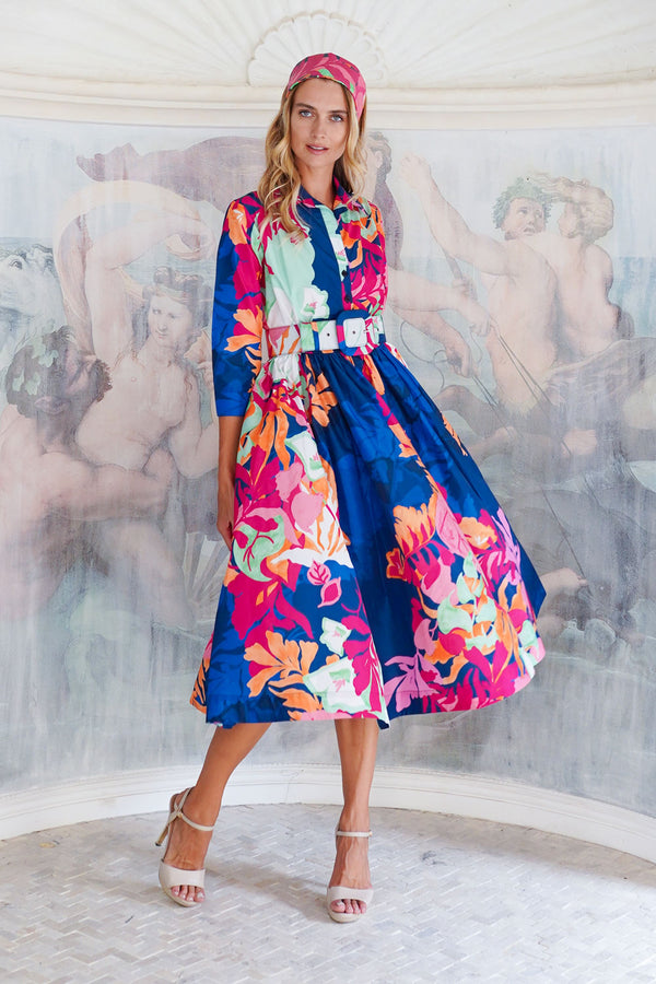 Terry Dress Shirt Collar 3/4 Sleeve Midi Length Poliamide Taffta (Spanish Garden)