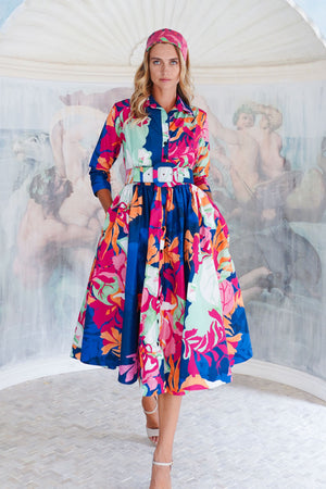 Terry Dress Shirt Collar 3/4 Sleeve Midi Length Poliamide Taffta (Spanish Garden)