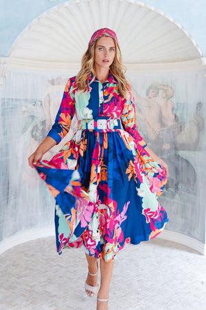 Terry Dress Shirt Collar 3/4 Sleeve Midi Length Poliamide Taffta (Spanish Garden)