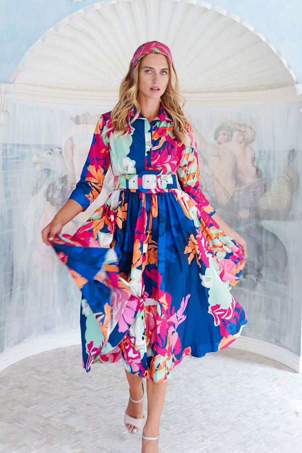 Terry Dress Shirt Collar 3/4 Sleeve Midi Length Poliamide Taffta (Spanish Garden)